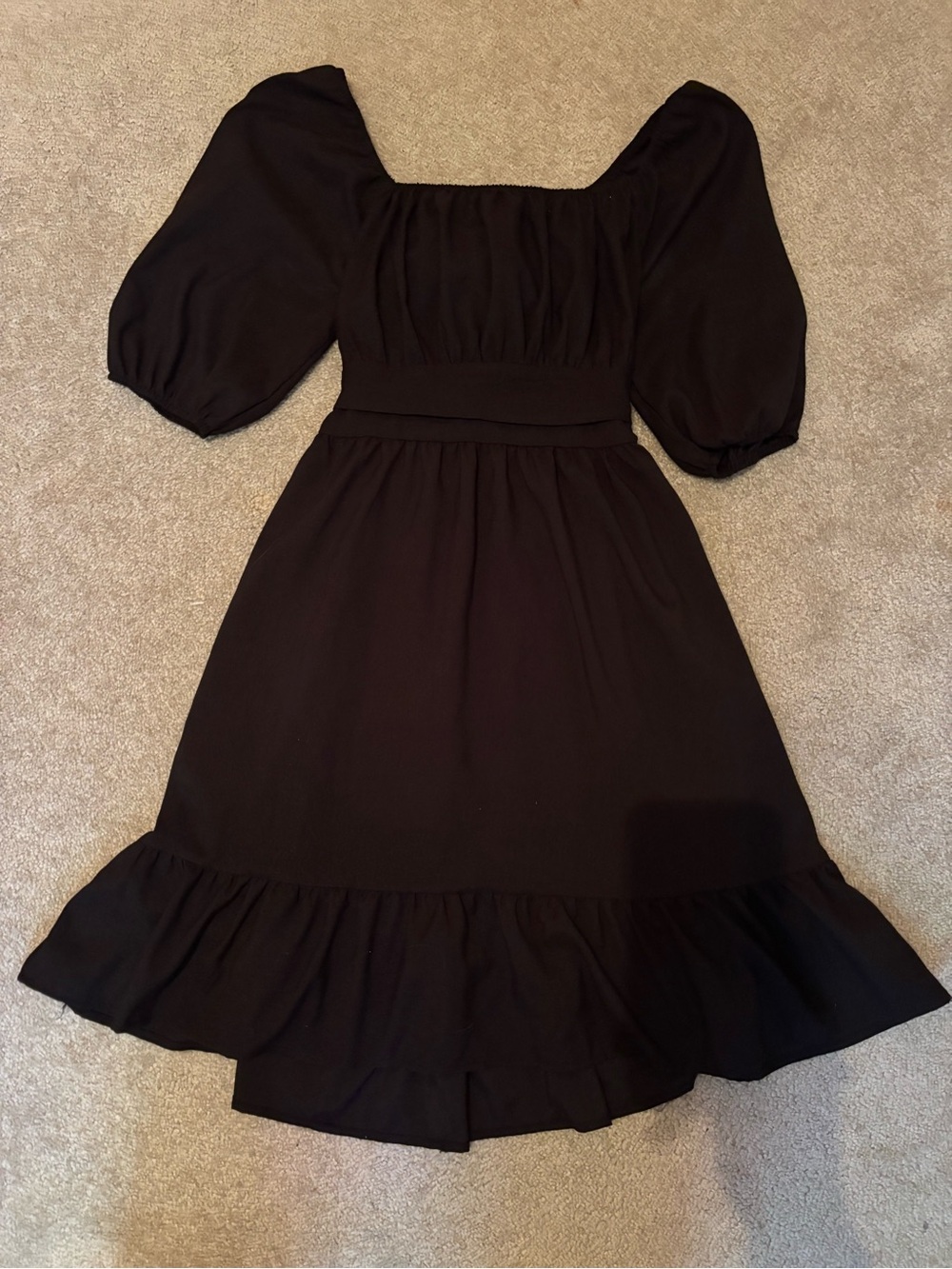 Square-Neck Black Puff-Sleeve Mini Dress